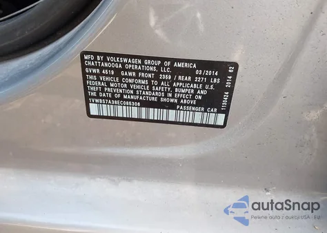 2014 Volkswagen Passat Se from USA, damaged, VIN 1VWBS7A38EC085306